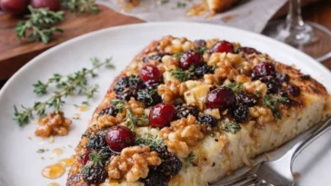 Fladenbrot mit Brie und Cranberries, serviert auf einem Holzbrett.