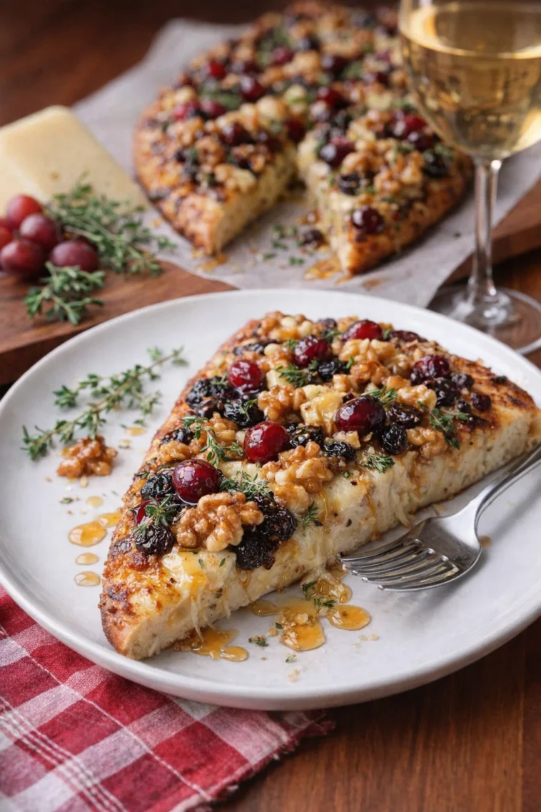 Fladenbrot mit Brie und Cranberries, serviert auf einem Holzbrett.