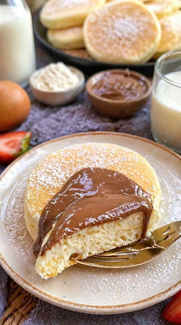 Fluffige Pancakes in einer Pfanne gebacken, serviert mit frischem Obst.