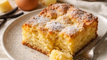 Französischer Butterkuchen serviert auf einem Holzbrett, stilvoll dekoriert.