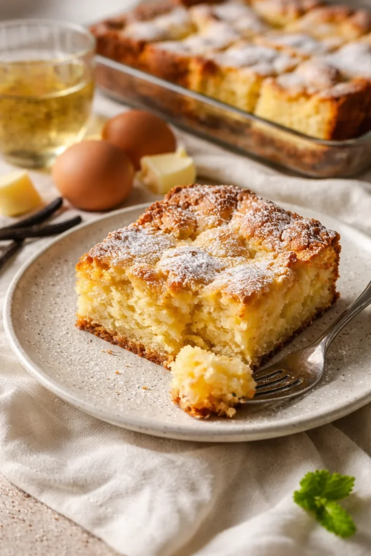 Französischer Butterkuchen serviert auf einem Holzbrett, stilvoll dekoriert.