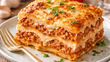 Fruchtige Pfirsichtorte mit Mohn auf einem Tisch serviert