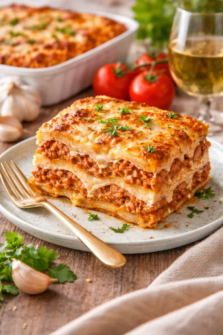 Fruchtige Pfirsichtorte mit Mohn auf einem Tisch serviert