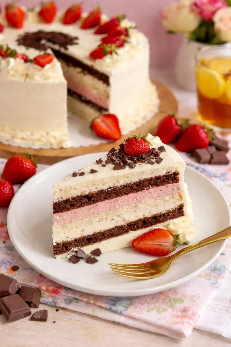 Leckere Fürst-Pückler-Torte aus Schokolade, Vanille und Erdbeeren auf einem Teller