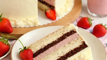 Fürst-Pückler-Torte mit Schokolade, Erdbeeren und Vanillecreme auf einem Teller