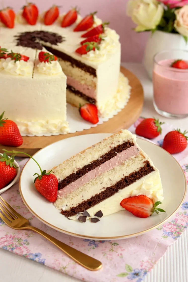 Fürst-Pückler-Torte mit Schokolade, Erdbeeren und Vanillecreme auf einem Teller