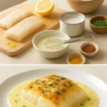Gebratener Kabeljau in Kokos-Lemon-Cremesauce auf einem Teller angerichtet