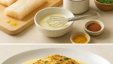 Gebratener Kabeljau in Kokos-Lemon-Cremesauce auf einem Teller angerichtet