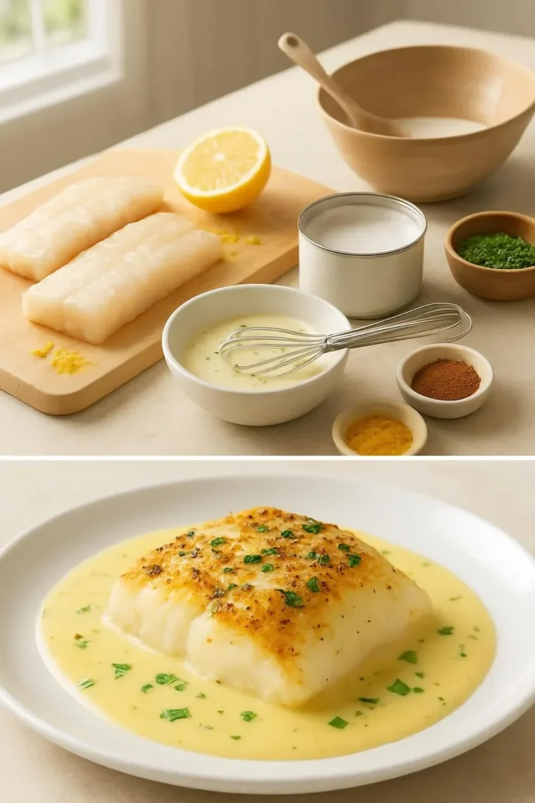 Gebratener Kabeljau in Kokos-Lemon-Cremesauce auf einem Teller angerichtet