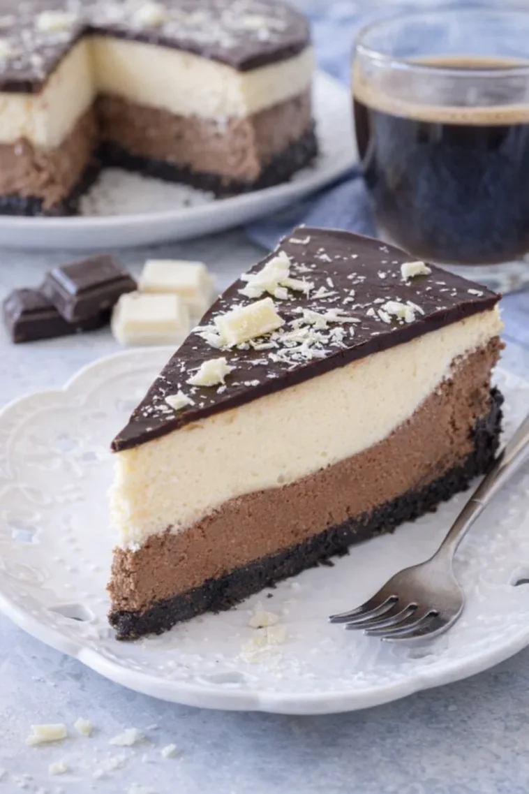 Geschichteter Schokoladen-Cheesecake mit delikater Schokoladensauce und Erdbeeren