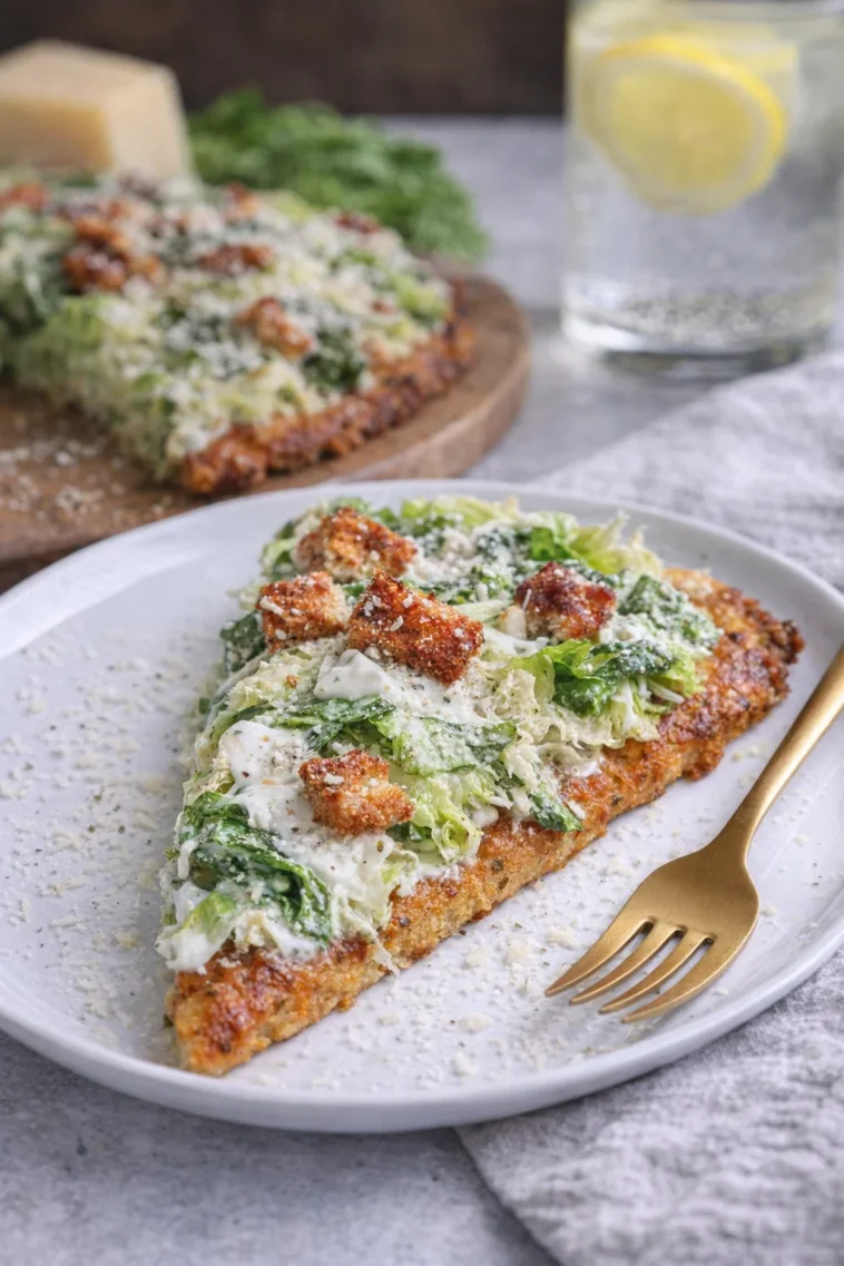 Hähnchen-Caesar-Salat-Pizza mit frischem Salat und knusprigem Boden