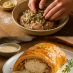 Hähnchen Wellington mit Dijonsenf-Cremesauce auf dem Teller serviert