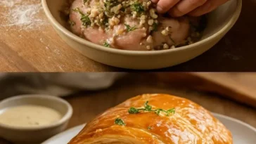 Hähnchen Wellington mit Dijonsenf-Cremesauce auf dem Teller serviert