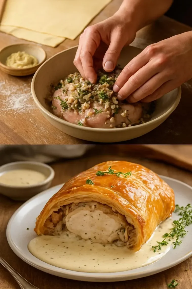 Hähnchen Wellington mit Dijonsenf-Cremesauce auf dem Teller serviert