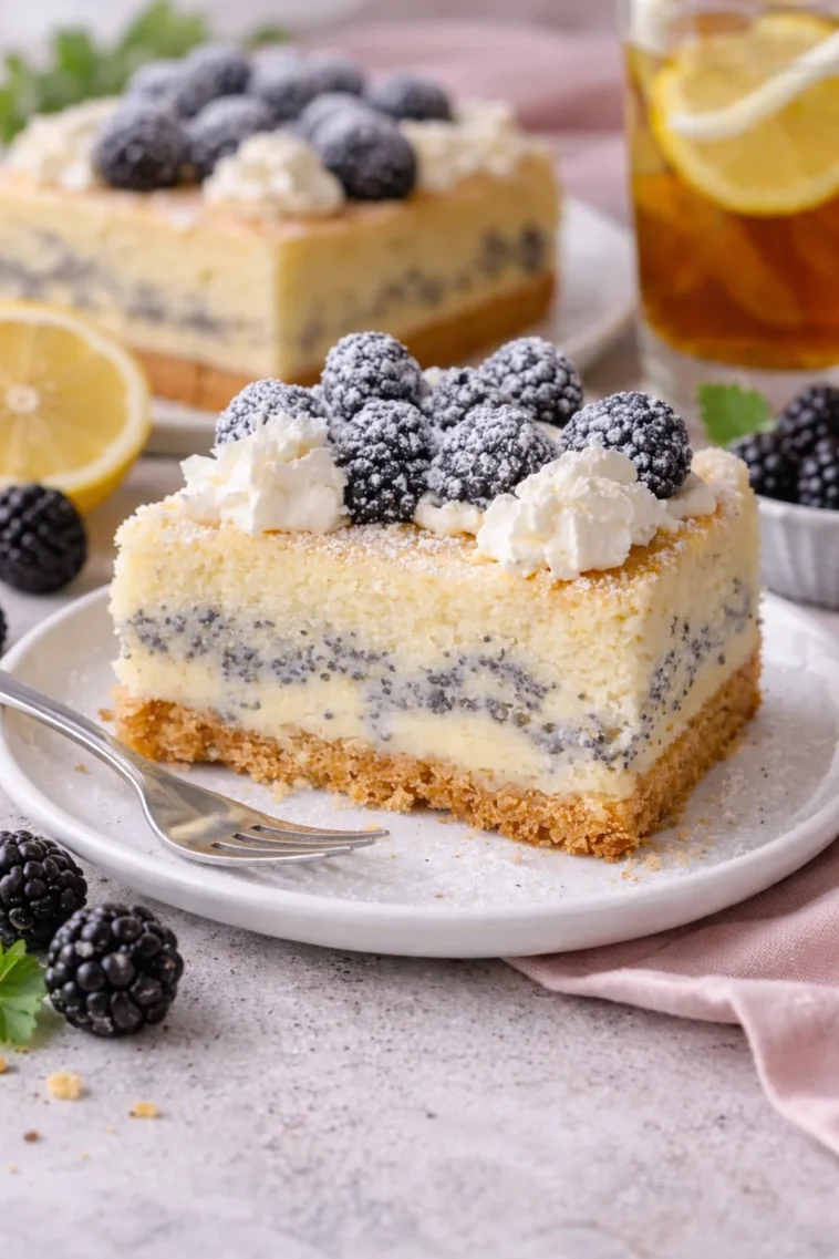 Himmlischer Mohnkuchen mit knuspriger Kruste auf dem Tisch serviert