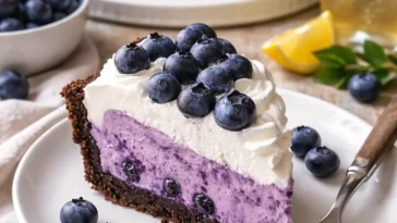 Köstlicher Heidelbeerkuchen mit frischen Heidelbeeren auf einem Teller