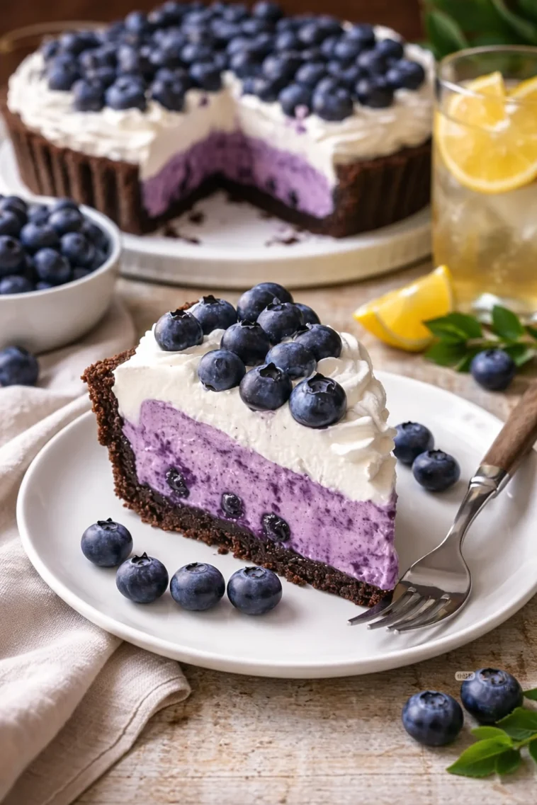 Köstlicher Heidelbeerkuchen mit frischen Heidelbeeren auf einem Teller