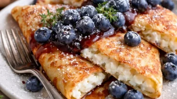 Heidelbeerquarkpfannkuchen mit frischen Blaubeeren auf einem Teller.