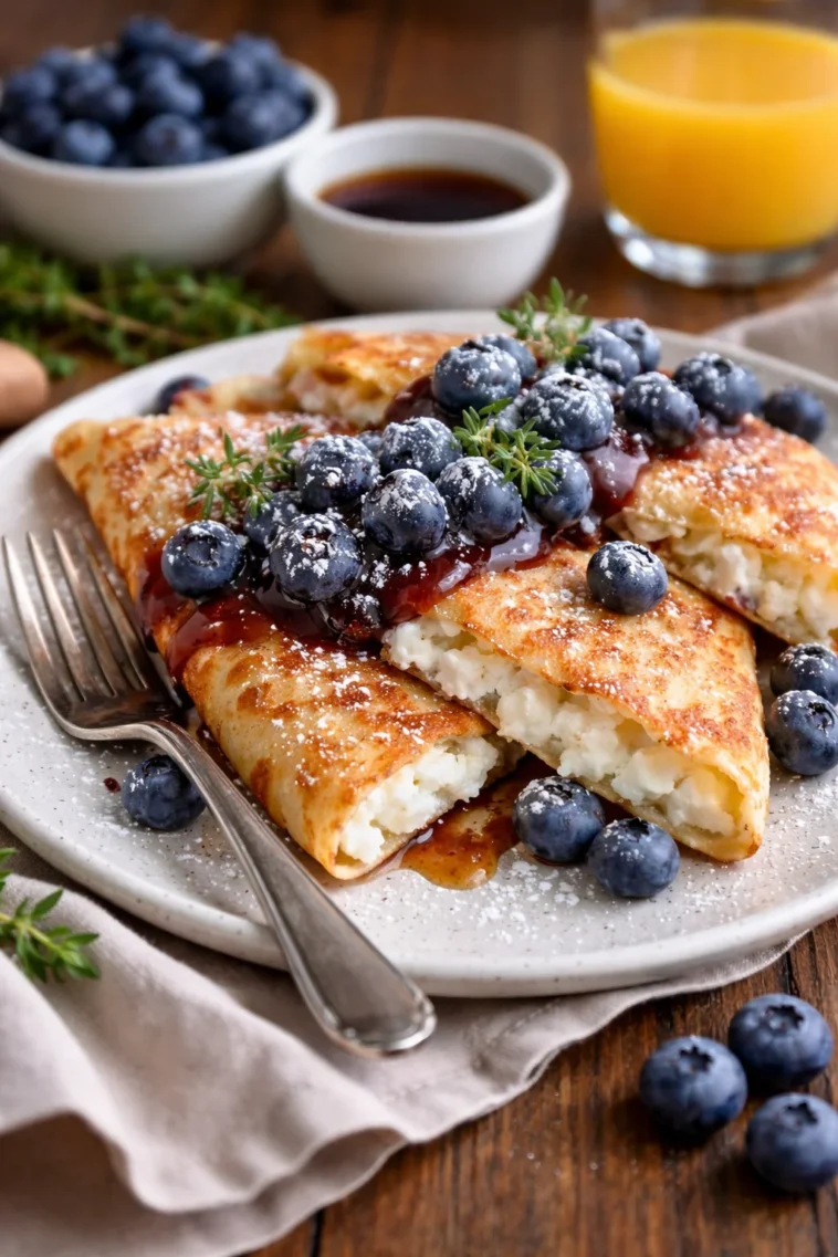 Heidelbeerquarkpfannkuchen mit frischen Blaubeeren auf einem Teller.