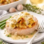 Herzhafte Schweinekoteletts mit Füllung und Soße auf einem Teller