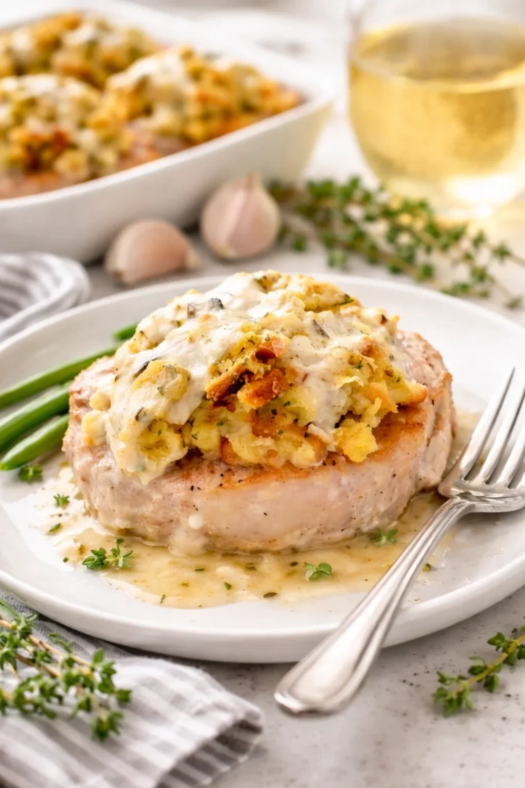 Herzhafte Schweinekoteletts mit Füllung und Soße auf einem Teller