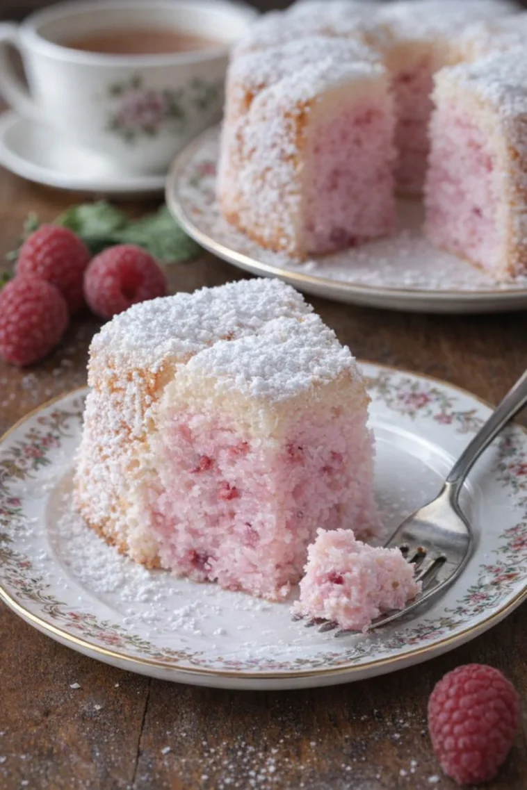 Saftiger Himbeer-Engelskuchen auf einem Teller, dekoriert mit frischen Himbeeren.