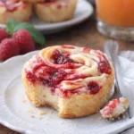 Himbeer Käsekuchen Bissen auf einem Teller, dekoriert mit frischen Himbeeren