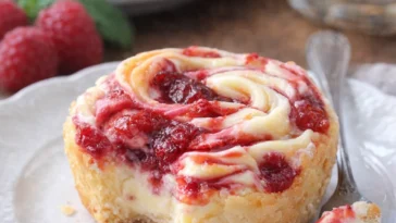 Himbeer Käsekuchen Bissen auf einem Teller, dekoriert mit frischen Himbeeren