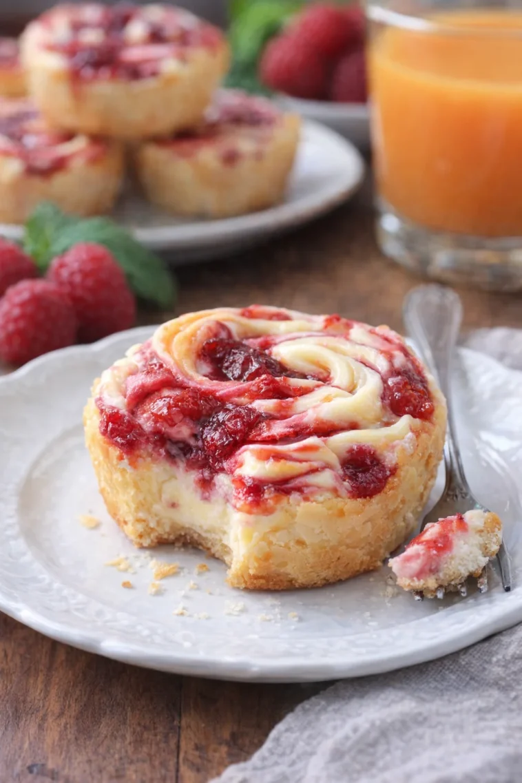 Himbeer Käsekuchen Bissen auf einem Teller, dekoriert mit frischen Himbeeren