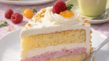Himbeer-Pfirsich-Torte mit frischen Früchten und Sahneverzierung.