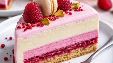 Himbeer-Pistazien-Torte mit frischen Himbeeren und Pistazienstücken