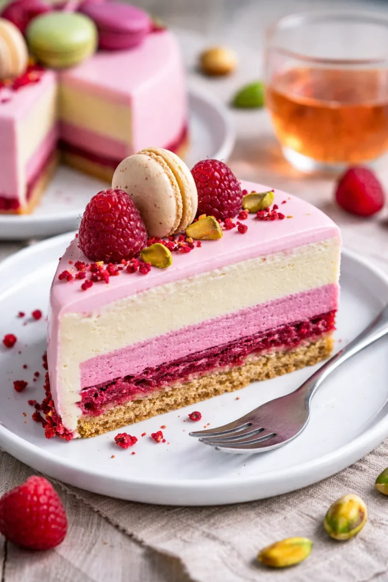 Himbeer-Pistazien-Torte mit frischen Himbeeren und Pistazienstücken
