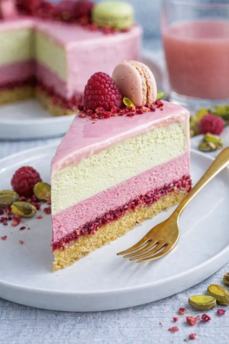 Himbeer-Pistazien-Torte mit frischen Himbeeren und Pistazien