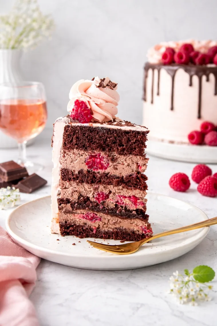 Himbeer-Törtchen mit frischen Himbeeren und Sahne in einer eleganten Präsentation.