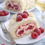 Himbeer-Weiß-Schokoladen-Kuchenrolle mit frischen Himbeeren und Schokolade