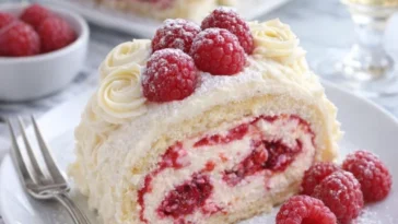 Himbeer-Weiß-Schokoladen-Kuchenrolle mit frischen Himbeeren und Schokolade