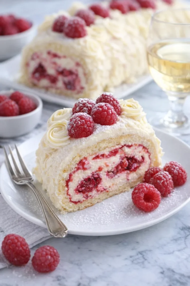 Himbeer-Weiß-Schokoladen-Kuchenrolle mit frischen Himbeeren und Schokolade