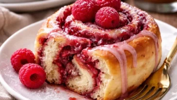 Leckere Himbeer-Zimt-Schnecken mit Zitronenglasur auf einem Tisch