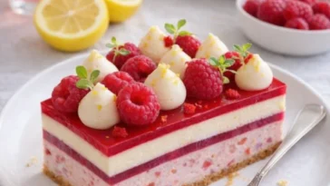 Himbeer-Zitronen-Käsekuchen mit frischen Himbeeren und Zitrone auf einem weißen Teller.