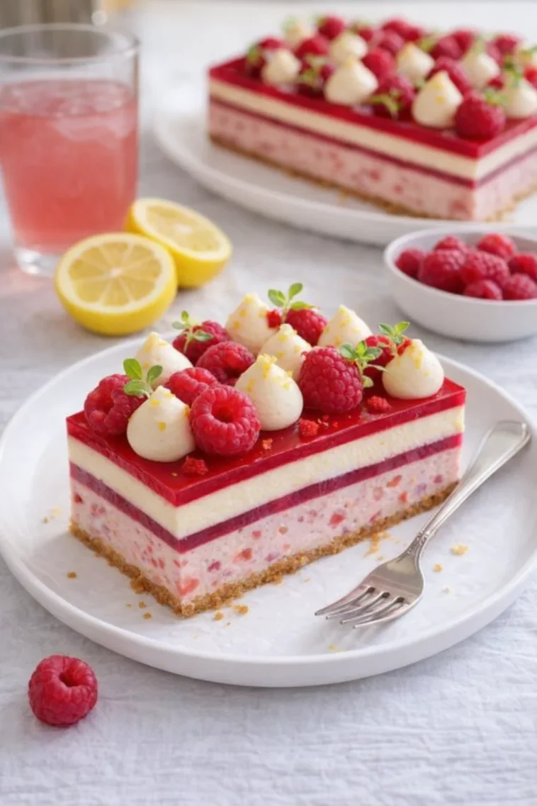 Himbeer-Zitronen-Käsekuchen mit frischen Himbeeren und Zitrone auf einem weißen Teller.