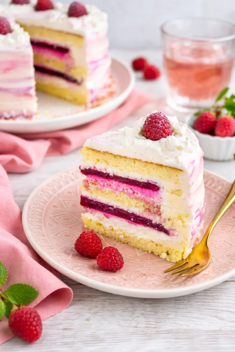 Himbeer-Zitronen Torte mit frischen Himbeeren und Zitronenglasur