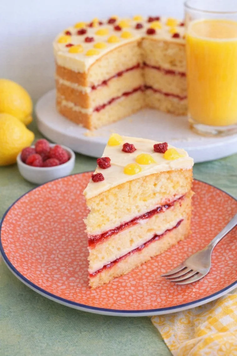 Himbeer-Zitronen-Torte laktosefrei, mit frischen Himbeeren und Zitrone dekoriert