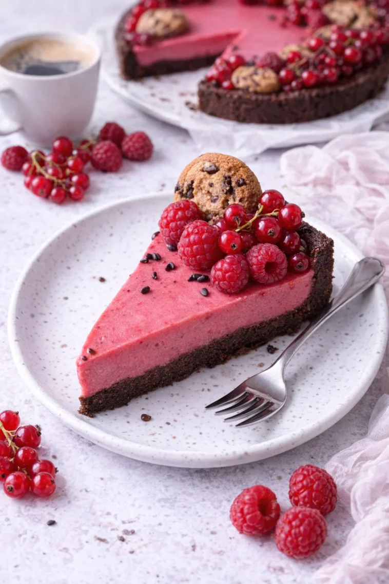 Himbeermousse-Schoko-Cookie-Tarte auf einem Teller serviert, dekoriert mit frischen Himbeeren.