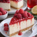 Delizierte Himbeertorte mit frischen Himbeeren und Sahne dekoriert
