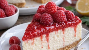 Delizierte Himbeertorte mit frischen Himbeeren und Sahne dekoriert