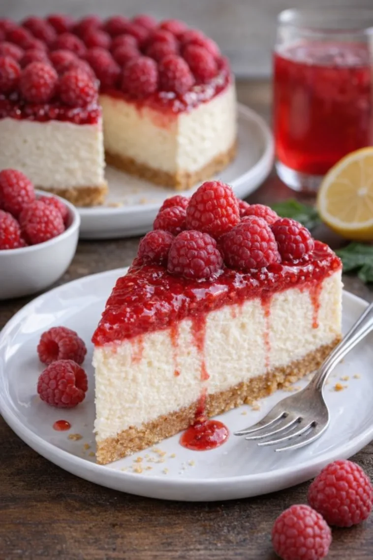 Delizierte Himbeertorte mit frischen Himbeeren und Sahne dekoriert