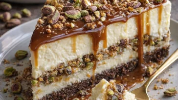 Himmlischer Pistazien-Weißschokoladen-Cheesecake mit dunkler Schokolade