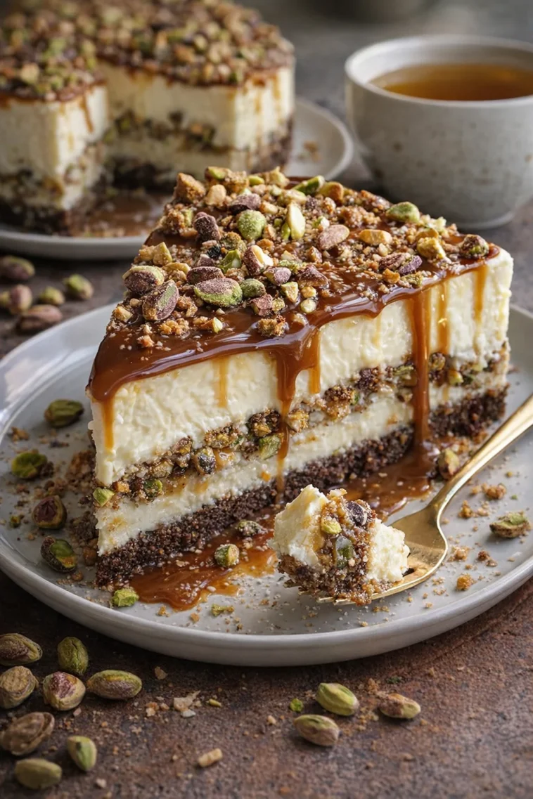 Himmlischer Pistazien-Weißschokoladen-Cheesecake mit dunkler Schokolade