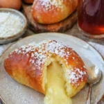 Leckeres Hörnchen-Puddingteilchen mit cremiger Füllung auf einem Teller.
