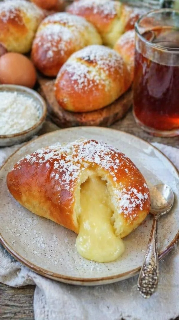 Leckeres Hörnchen-Puddingteilchen mit cremiger Füllung auf einem Teller.